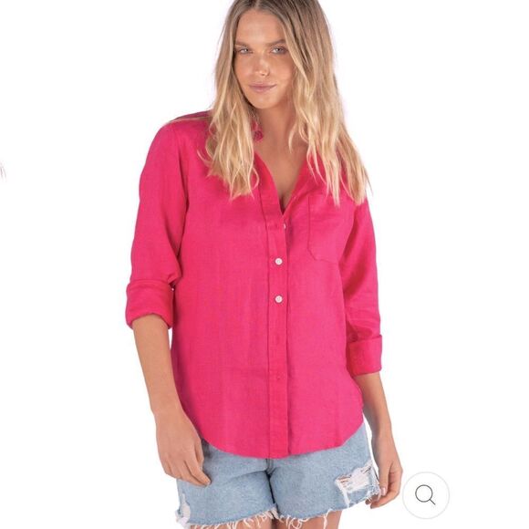 CAMIXA Linen-Cotton Blend Button-Up Shirt | XS | Hot Pink - Picture 5 of 14